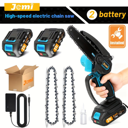 Jemi Tool Mini Kettensäge 15.24cm mit 1/2 X 21V Akku, Leistungsstarke Elektrische Kleine Handgeführte Tragbare Kettensäge mit Automatischer Öler, Leichtgewicht, 1.0 KG, Handgeführt, Einfach zum Beschneiden, Schneiden, Trimmen