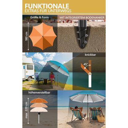 Lindenstein Strandschirm-Set - UPF 50+ Sonnenschirm Ø 180 cm windfest stabil inkl. Schutzhülle - Sicherer Sonnenschutz für Strand & Garten - Farben: Anthrazit/Beige/Blau/Türkis/Grün/Taupe/Blau-Weiß