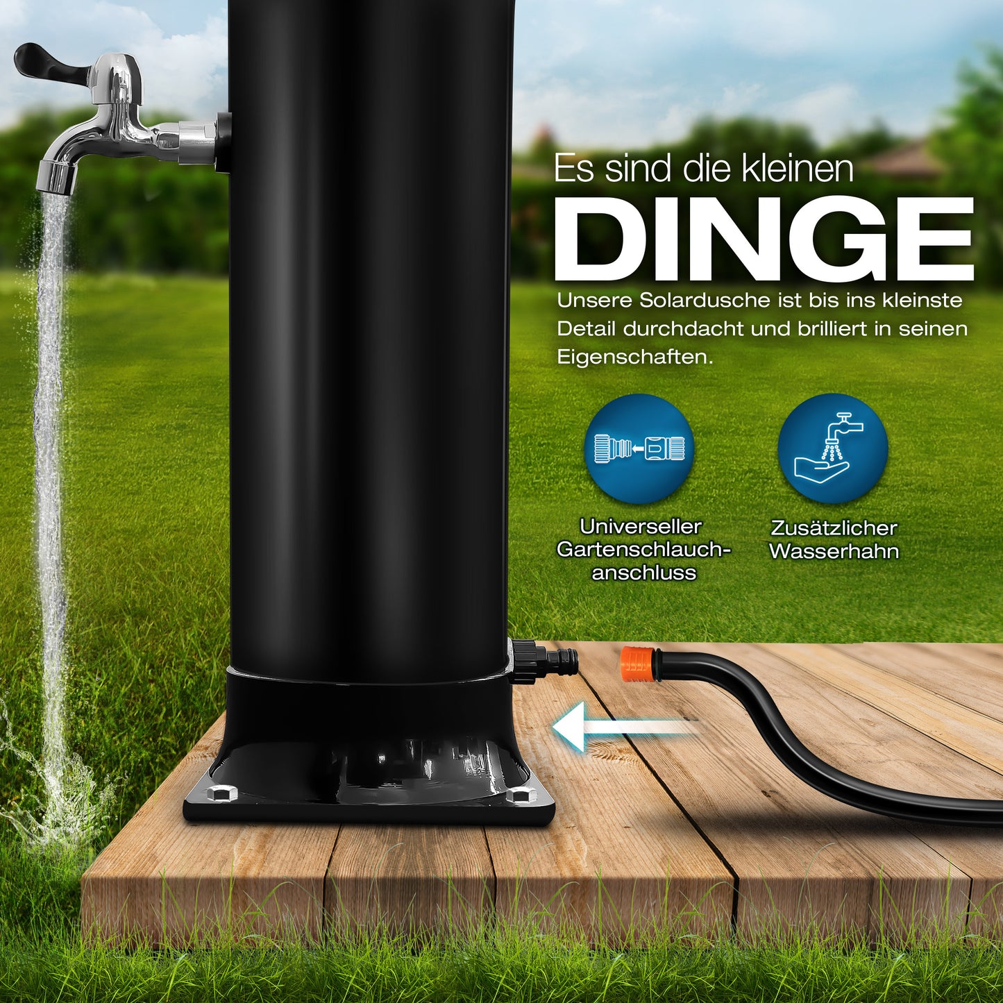 tillvex® Solardusche 20 - 60 Liter inkl. Abdeckung Solar Gartendusche Solar für draußen Pooldusche Komplettset warmes Wasser Camping ohne Stromanschluss mit Wasserhahn Gartenschlauch-Anschluss