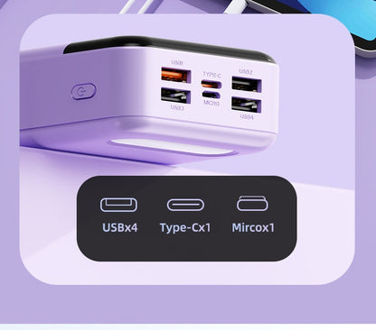 Eine Powerbank mit hoher Kapazität und schnellem Aufladefunktion mit 50000mAh. Dieses tragbare Ladegerät ist kompatibel mit iPhone, SAMSUNG und Android Geräten. Es verfügt über vier USB-Anschlüsse, einen Typ-C-Anschluss und eine Micro-Schnittstelle.