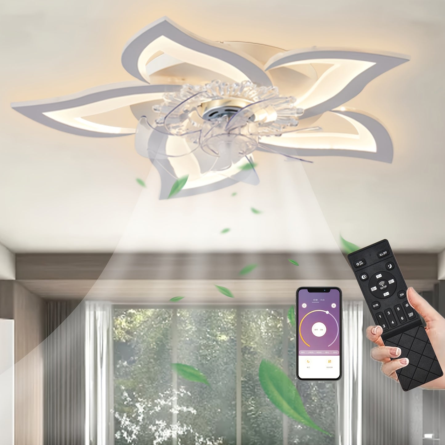 Geometrischer Deckenventilator mit Licht  Fernbedienung, 6 Geschwindigkeiten, 3 Farben, weiße flache Deckenleuchte für Küche, Schlafzimmer, Wohnzimmer
