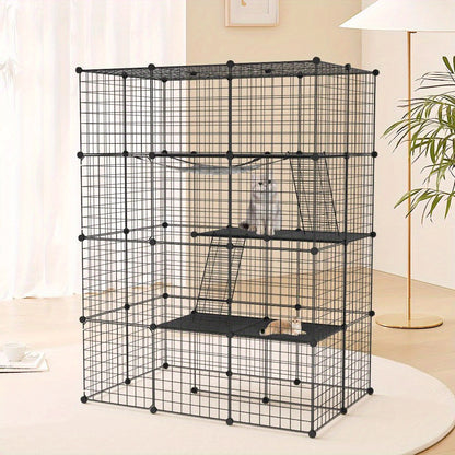 Schwarzes Metallgitter für Zäune im Freien für Kaninchen, mit Tür und geeignet für kleine Tiere wie Meerschweinchen und Welpen, Abmessungen 146X110X74 cm (4 Säulen und 3 Ebenen)