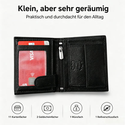 Geldbörse Mini-Format Herren aus echtem Leder mit RFID Schutz, 11 Kartenfächer Hochformat, Schwarz, kompakt, praktisch und modern