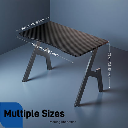 A-förmiger Gaming-Schreibtisch aus Carbonfaser für Home Office  Gaming, ergonomische Kurve, robustes Stahlgestell, Kabeldurchführungen, Getränkehalter, Kopfhörerhalter, Schwarz, 1 Stück