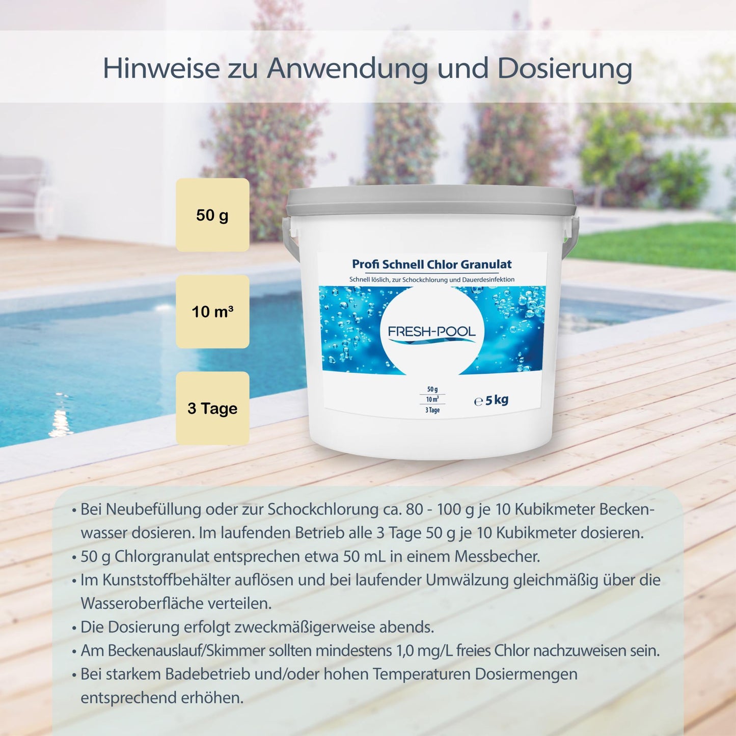 Fresh-Pool Profi Schnell Chlor Granulat, 56% Aktivchlor, 5 kg incl. Dosierbecher - Pool Chlor Granulat | Clorgranulatpool 5kg | Chlorgranulat für Pool