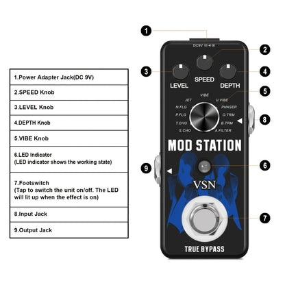 Mini-Modulationspedal 11 Modulationsmodi mit Chorus, Flanger, Tremolo, Phaser, Vibrato, Rotary, Liquid, Autowah, Stutter, Ring Low Bit, Multi-Digital-Gitarrenpedale, Hinweis: Netzteil nicht im Lieferumfang enthalten.