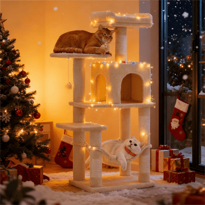 Kratzbaum, mehrstöckiger Katzenbaum mit Höhle, Hängematte und 4 Kratzstämmen