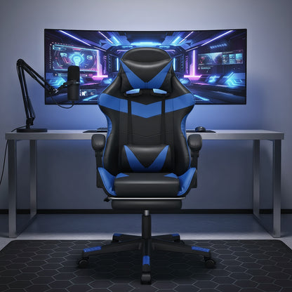 Ergonomischer Gaming-Stuhl mit Lendenwirbelstütze, Kopfstütz & Fußauflage – Verstellbarer Bürostuhl für Erwachsene Kinder, Mehrere Farben, Komfortabler Memory-Schaum-Sitz, Stabiles Nylon-Gestell, Ideal für lange Spiele & Arbeitsessions