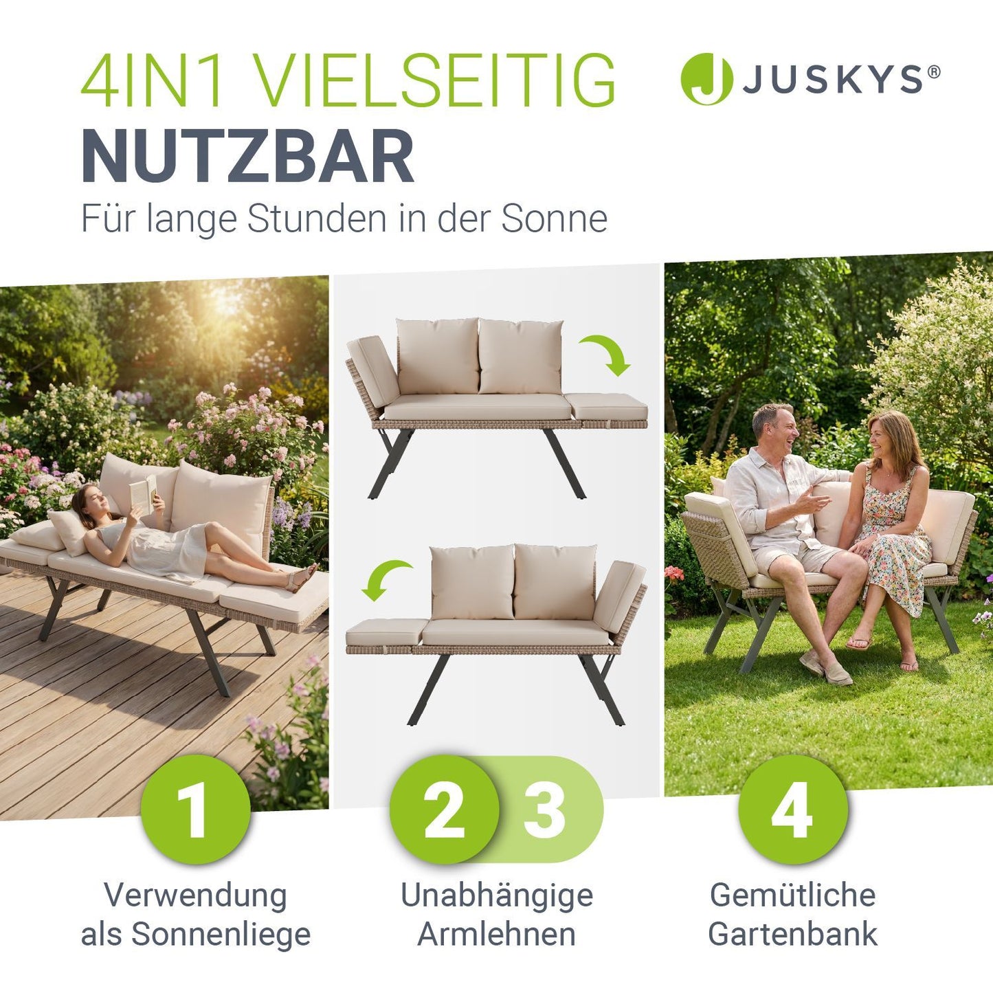 Multifunktionsbank Calvia Schwarz/Grau/Creme - klappbare Sonnenliege mit wetterfestem Polyrattan, Gartenbank mit 240 kg Belastbarkeit