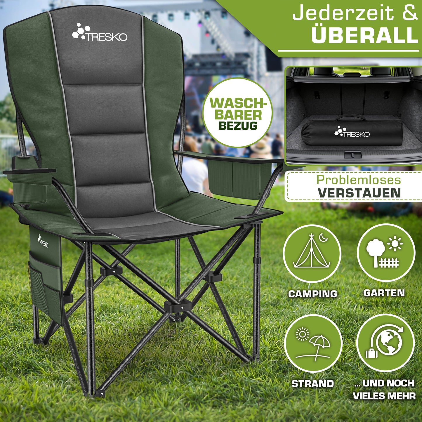 TRESKO® Campingstuhl Faltbar bis 200kg | Faltstuhl mit Kühltasche, Getränkehalter & Seitentasche | Klappstuhl XXL inkl. Tragetasche | Angelstuhl gepolstert für Outdoor, Angeln, Festival & Garten