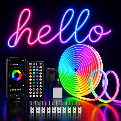 5M/10M/20M RGB Neon Lichtleiste mit Farbeinstellung über App, Fernbedienung, Timer-Einstellung, flexibel und zuschneidbar, und Musik-Rhythmus-Modus, perfekt für Bühnenbeleuchtung, Dekoration, Geschenk
