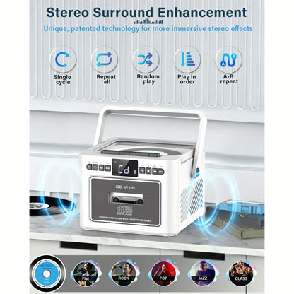 CD-Kassettenspieler-Boombox mit 5000-mAh-Akku, tragbarer CD-Player, 5-W-Dual-Stereo-Lautsprechern, FM-Radio, Fernbedienung, Aufnahmefunktion, 3,5-mm-Kopfhöreranschluss – unterstützt AUX, TF-Karte und USB für Zuhause