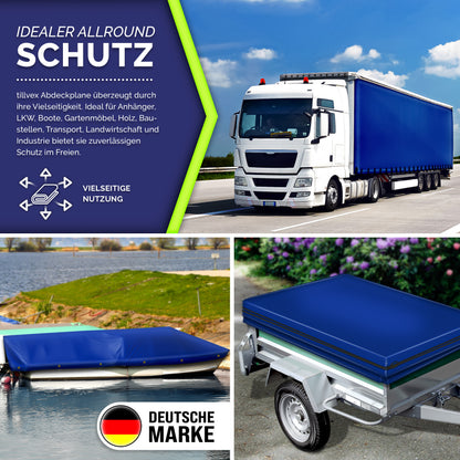tillvex® Premium Abdeckplane 650g/m² Wasserdicht mit Ösen + 10x Spanngummi & 15m Seil | Gewebeplane Universell für Draußen, LKW, Pool, Holz Gartenmöbel | Premium PVC-Plane Reißfest | Gartenplane Abdeckung
