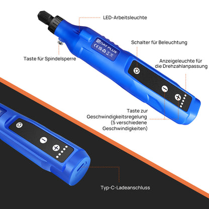 Rotationswerkzeug Akku Multifunktionswerkzeug, 5-Gang Graviergerät, Mini Elektrischer Gravierstift mit 80 Multifunktionswerkzeug Zubehör zum Gravieren, Bohren, Schleifen, Gravieren, Polieren, Sauber