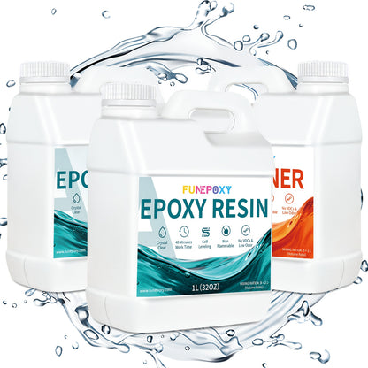 FUNEPOXY Hochglanz Superklares 2:1 Tiefguss Epoxidharz Kit - Schnell, Keine Blasen, Geruchsarm, Einfach zu Verwenden, Hohe Haltbarkeit, Kristallklares Ende für Schmuckherstellung, Fluss-Tischplatten, Tumblers, Formen, Kunst Holzmalerei