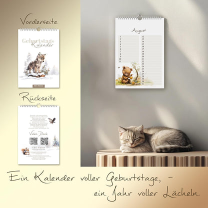 Geburtstagskalender undatiert Geburtstagsplaner Wandkalender A5 immerwährend Jahresunabhängig Kalender Geburtstagsübersicht zum Aufhängen Tier Design in zartem Aquarell Waldtieren Tiere