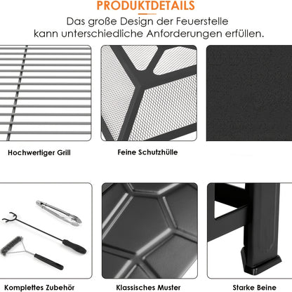 Kamin mit Funkenfänger 81 cm, abgedeckte Feuerstelle, Feuerschale und Feuerkorb für Gartenkamin, inklusive Grill, Holzkohlebrenner, Poker, Grillzange, für Gartenpartys, Außenheizung