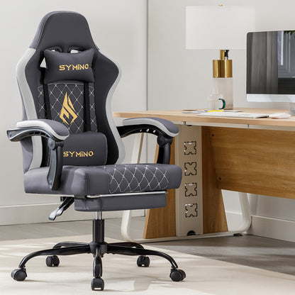 Gaming Stuhl mit Fußstütze, Ergonomischer Computer Gaming Stuhl, Verstellbarer Schwenkstuhl mit Lordosenstütze, PC Stuhl, Bürostuhl, Schwarz