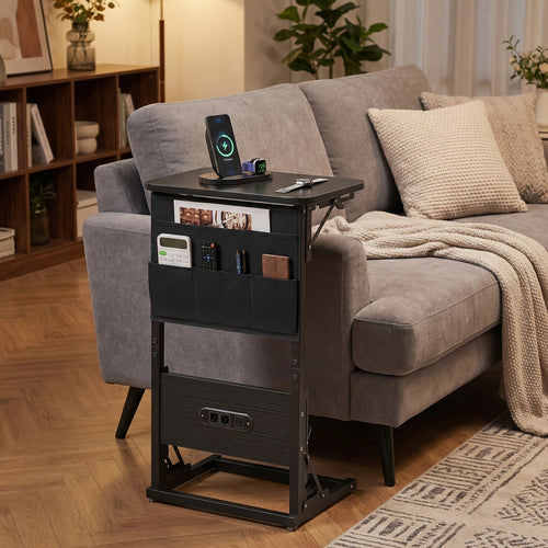 Faltbarer Beistelltisch mit eingebautem Steckdosenleisten und USB-Anschlüssen, verstellbarer Nachttisch mit Aufbewahrung für Sofa, Bett, Home Office
