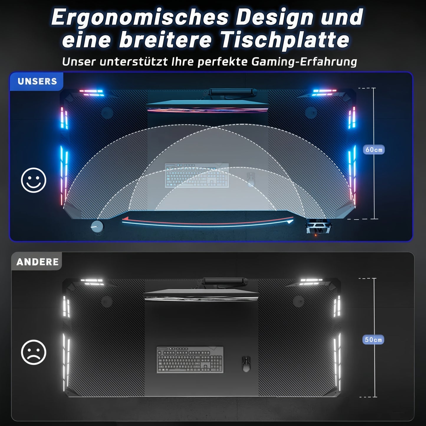 Z-förmiges Bein LED Büro Computer Schreibtisch, Großer Carbonfaser Gaming Schreibtisch, Robuste Home Office Arbeitsstation, Computer Schreibtisch mit Mauspad, Getränkehalter und Kopfhörerhalterung, Schwarz