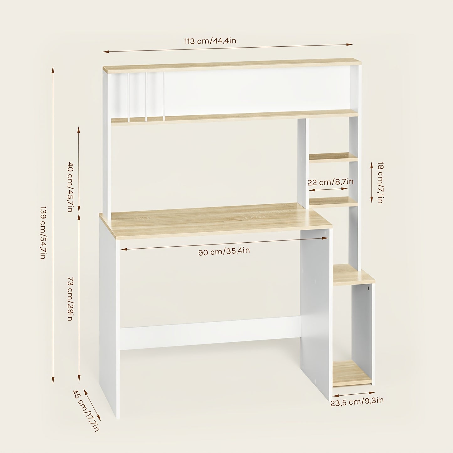 1 Stück Bürotisch, Computertisch mit Regalen, 5-stöckiges Bücherregal, Weißer Eichenholz Schreibtisch, Spiel- und Arbeitsplatz mit Stauraum, Heimbüro, Wohnzimmer-Schreibtisch, 113,5x139x45 cm