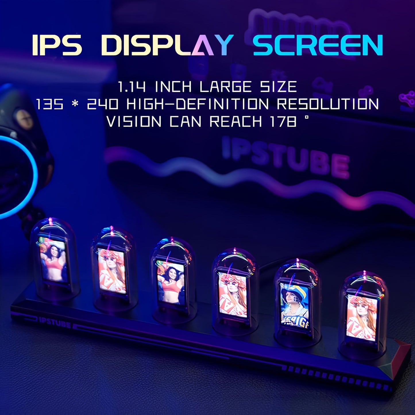 RGB Leuchtstoffröhren-Uhr mit IPS-Farbdisplay, USB-Stecker, umschaltbares digitales Nachtlicht mit Metallsockel. Muster können per APP-Steuerung beliebig gewechselt werden, geeignet für Schreibtischdekoration in Schlafzimmer, Arbeitszimmer  Spielzimmer