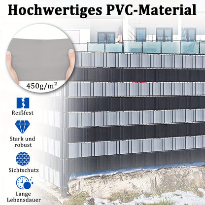 PVC Sichtschutzfolien mit den Maßen 35 M x 19 Cm und 65 M x 19 Cm, entwickelt für Doppelstangen-Matten und Zäune. Diese unklare Zaunfolie wird mit 20 oder 30 Befestigungsklammern geliefert und ist in Anthrazit, Hellgrau und Grün erhältlich.