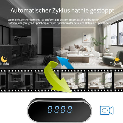 für Zuhause HD Kompakt Kamera Uhr, 1080P Drahtlose Kamera, kompakte Überwachungskamera, Nachtsicht, Bewegungserkennung, Fernansicht über App, Benachrichtigungs-Push, Eingebauter 2600mAh Akku, 110° Weitwinkel, für Zuhause/Büro/Lager. Smart Home Schutz