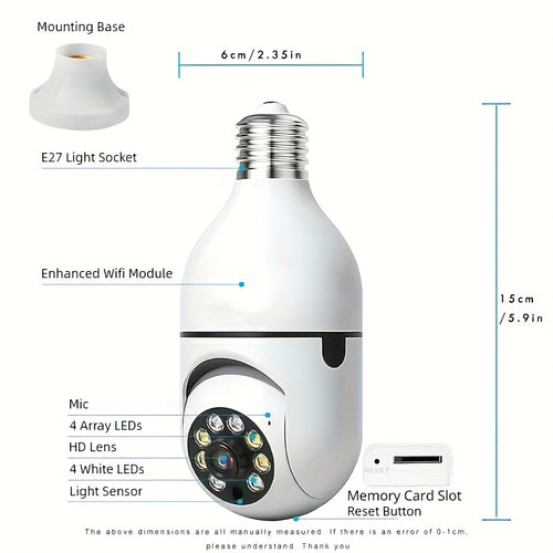 Ease Life App-Light Bulb Sicherheitskamera, 1 Stück, Indoor Outdoor Wireless Wifi Kamera 2.4Ghz, 360 Grad, E27 Lampenfassung Einschraub-Sicherheitskamera für Heimsicherheit Safe Cam Glühbirnenkamera, HD 1080P, Vollfarb-Nachtsicht, Bewegungsmelder
