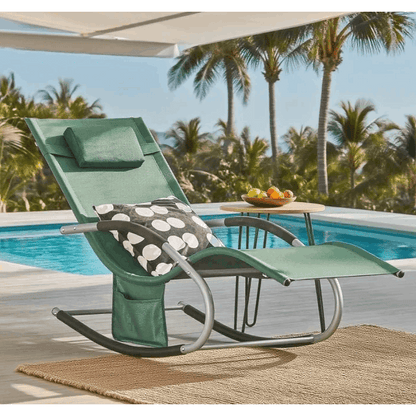 1 Stück Sonnenliege Gartenliege Relaxliege Schaukelliege Liegestuhl Outdoor mit Kopfkissen Ergonomische Liegefläche Wetterbeständiges Gewebe Metallgestell Seitentasche Bis 150 kg Terrasse Balkon Garten Camping 150x87x63cm