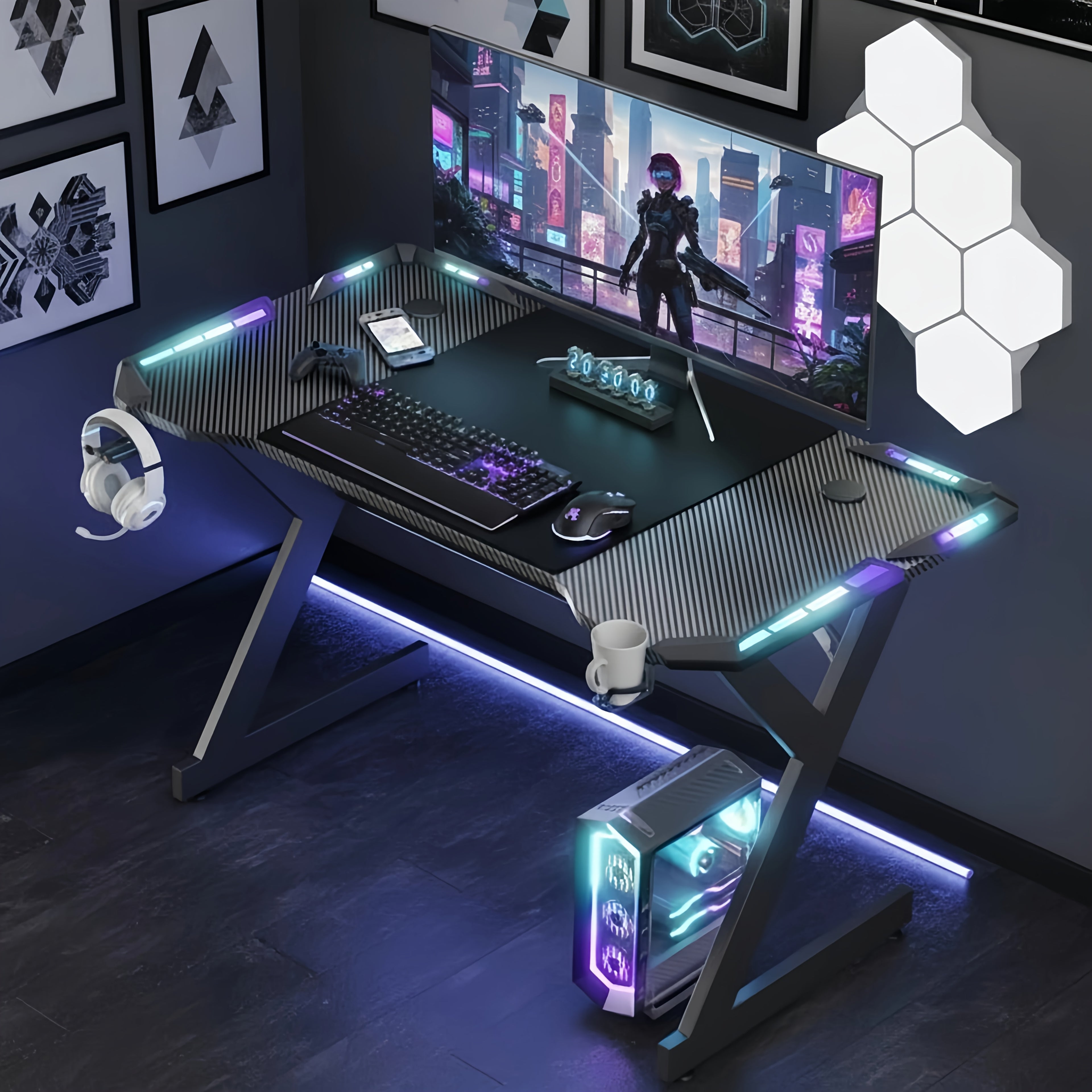 Gaming-Schreibtisch, LED-Beleuchtung für Homeoffice – Hauptansicht