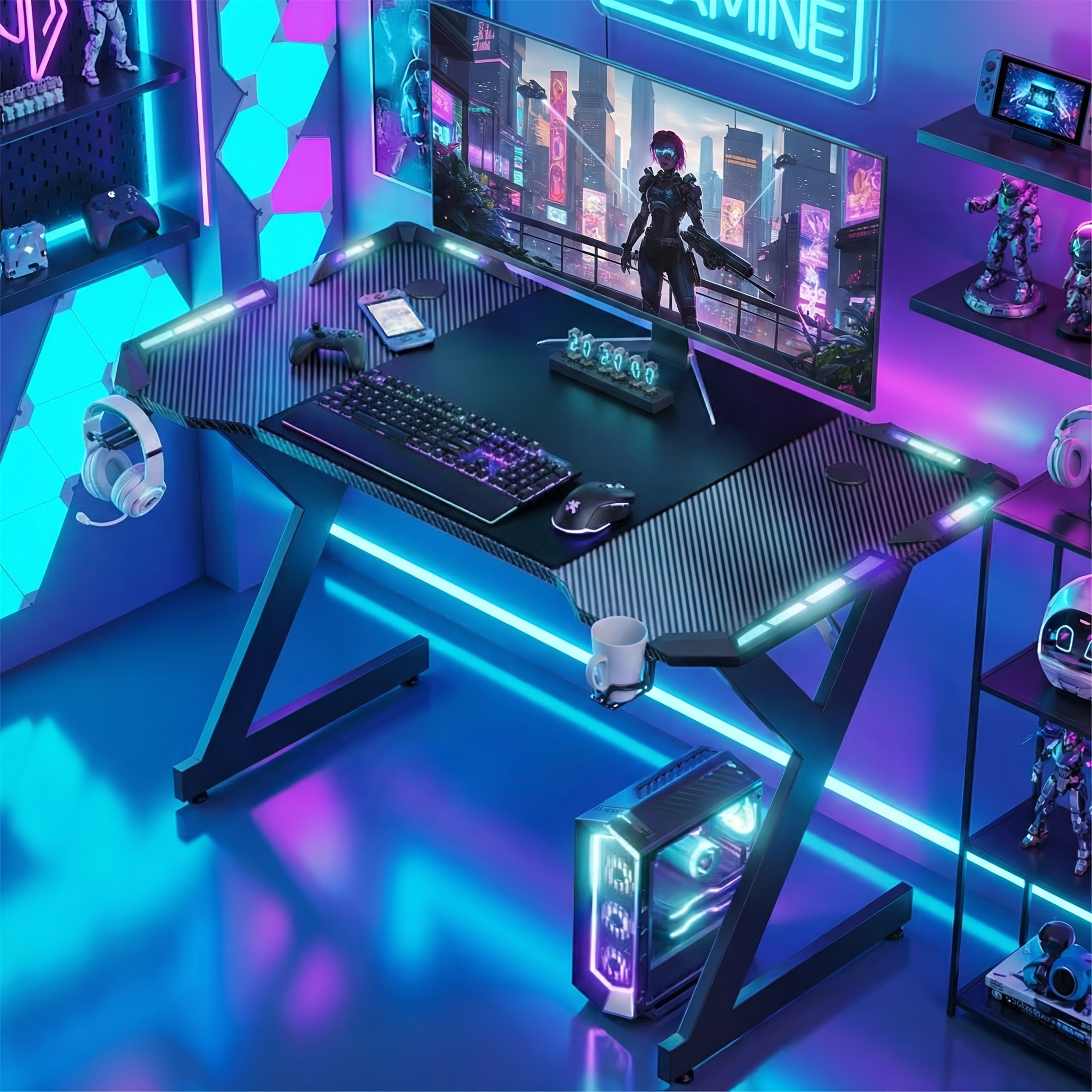 Gaming-Schreibtisch, LED-Beleuchtung für Homeoffice – Detailansicht 2