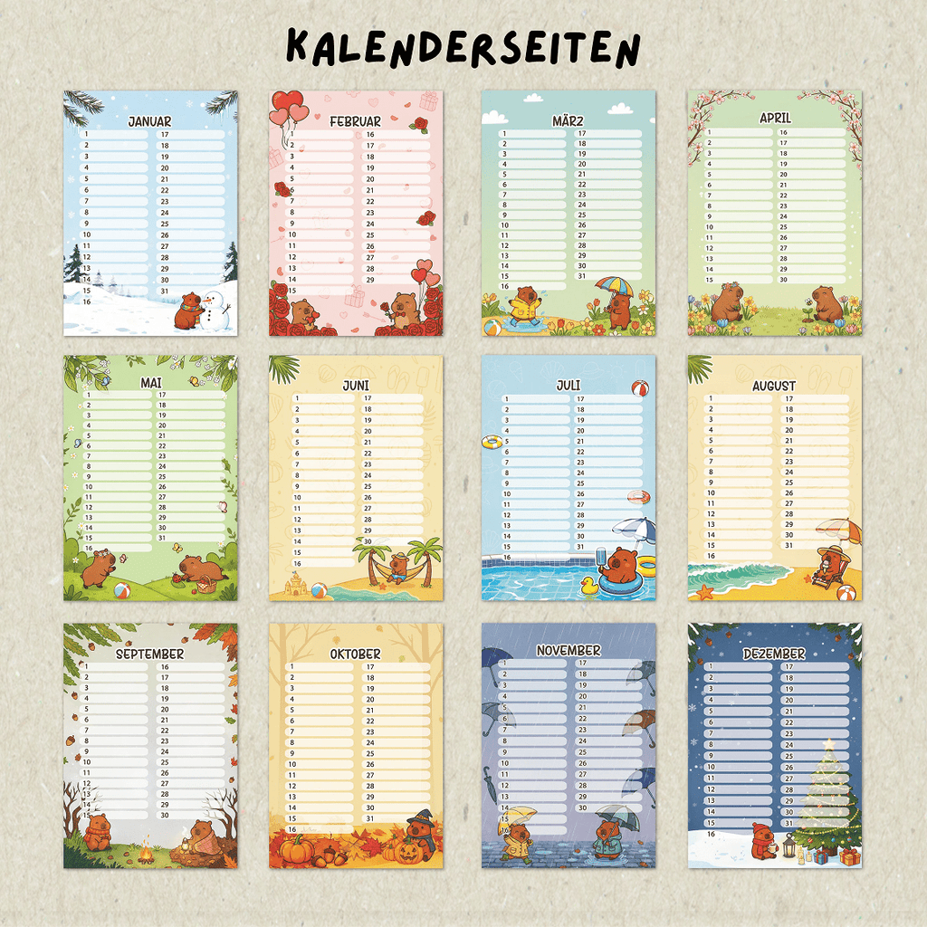 Geburtstagskalender Capybara undatiert, Geburtstagsplaner Wandkalender A5 für Zuhause und Alltag – Detailansicht 15
