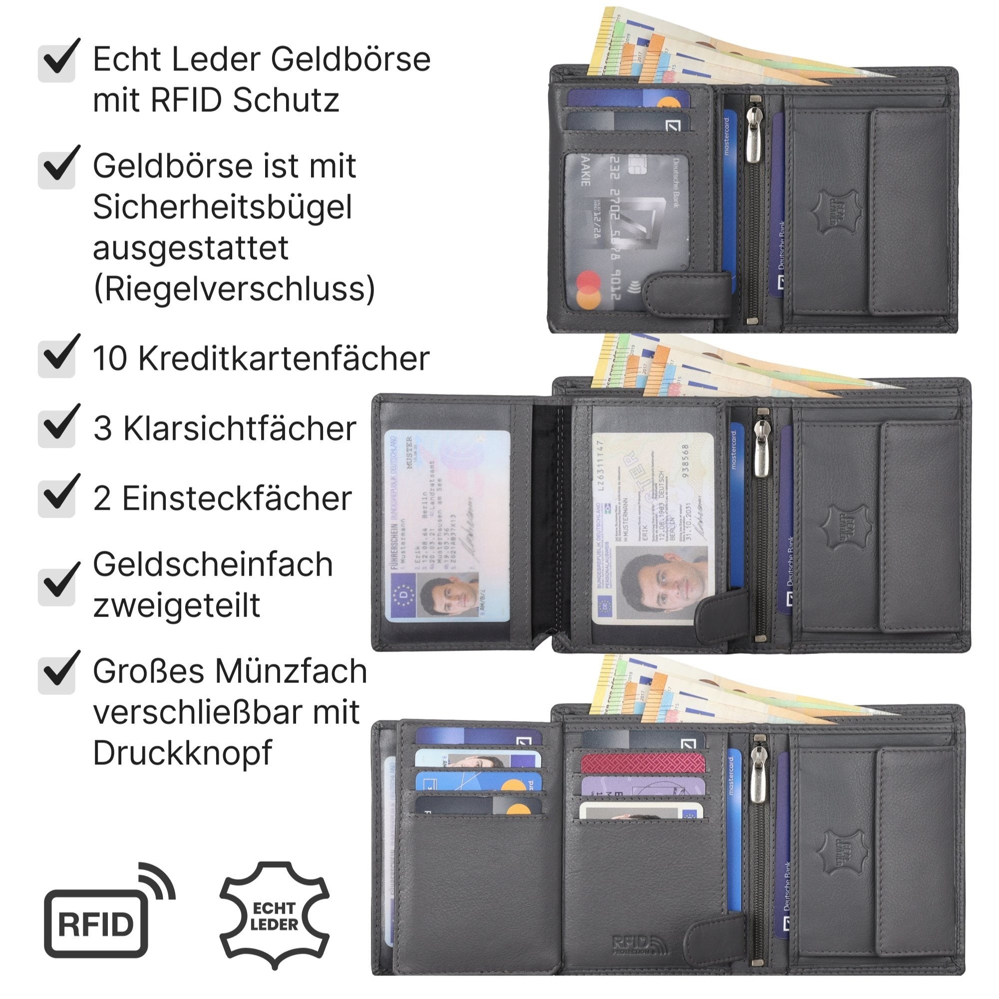 Geldbeutel, Leder Geldbörse Herren Portemonnaie RFID Hochformat für Alltag – Detailansicht 5