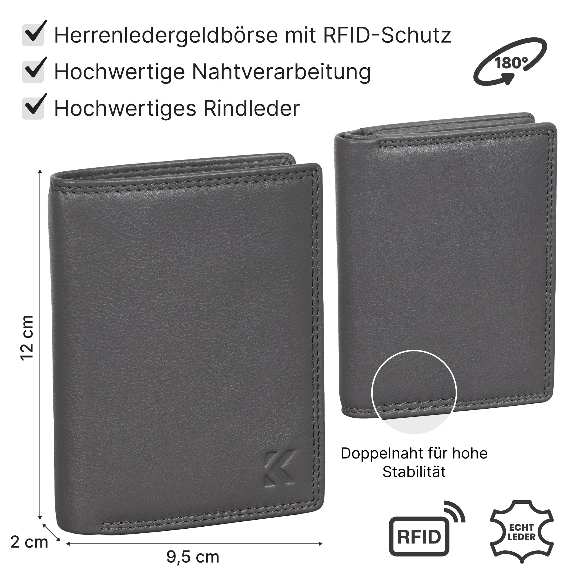 Geldbeutel, Leder Geldbörse Herren Portemonnaie RFID Hochformat für Alltag – Detailansicht 13