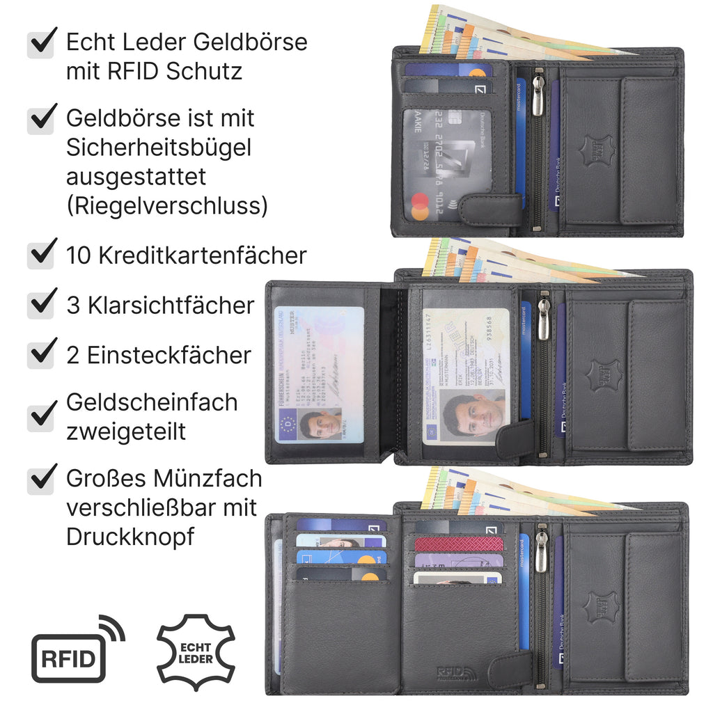 Geldbeutel, Leder Geldbörse Herren Portemonnaie RFID Hochformat für Alltag – Detailansicht 14