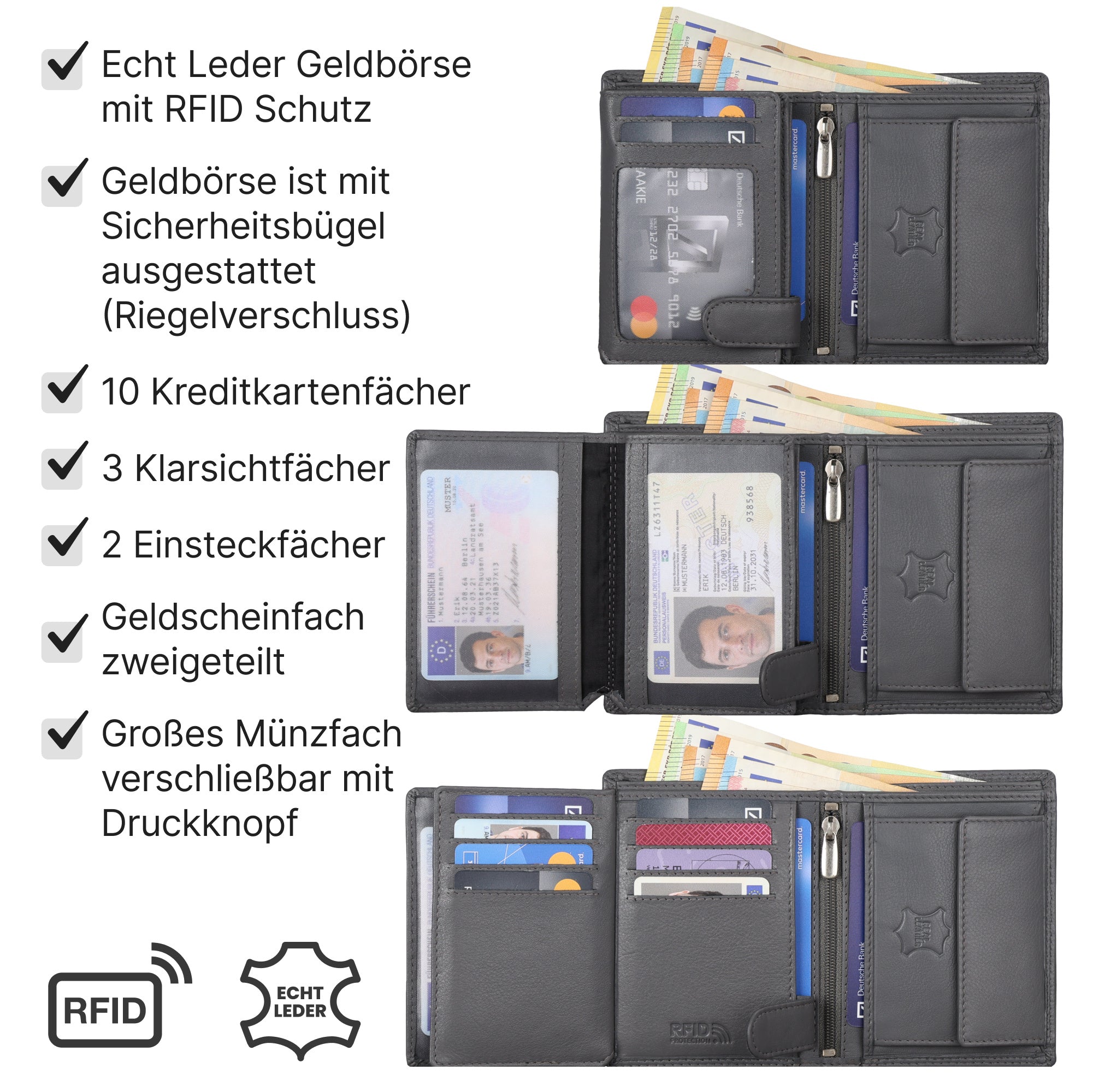Geldbeutel, Leder Geldbörse Herren Portemonnaie RFID Hochformat für Alltag – Detailansicht 14