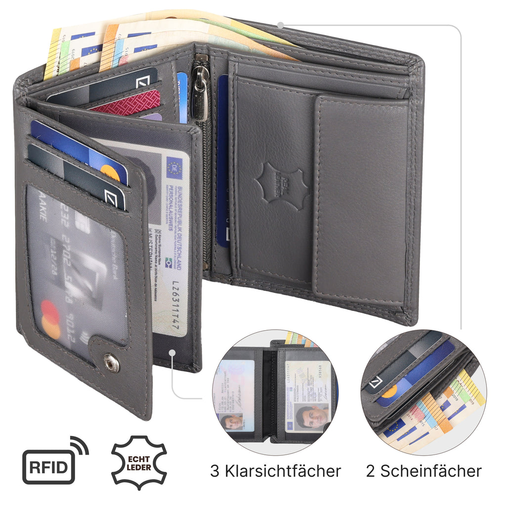 Geldbeutel, Leder Geldbörse Herren Portemonnaie RFID Hochformat für Alltag – Detailansicht 15