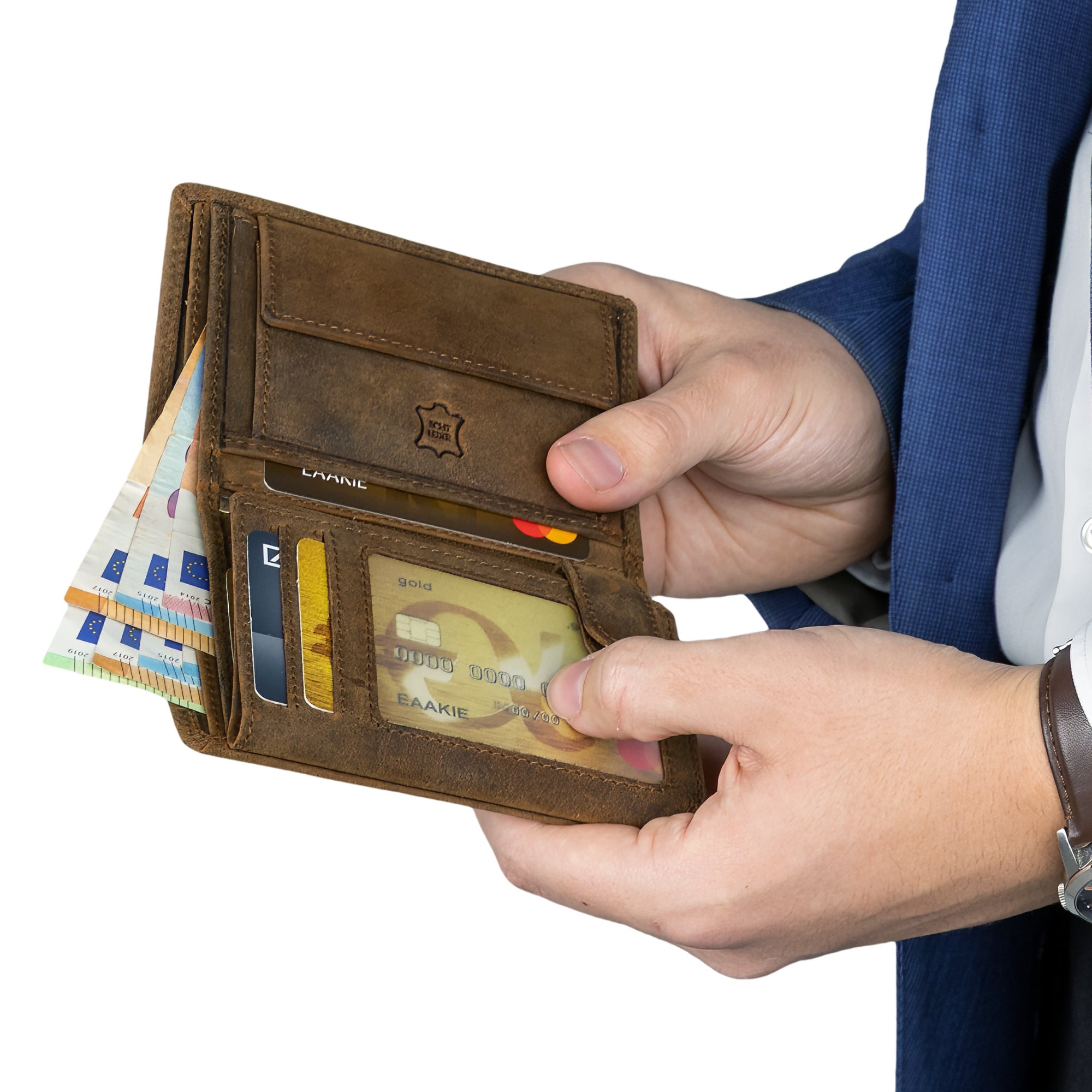 Geldbeutel, Tan für Herren Portemonnaie RFID Hochformat und Alltag – Detailansicht 12