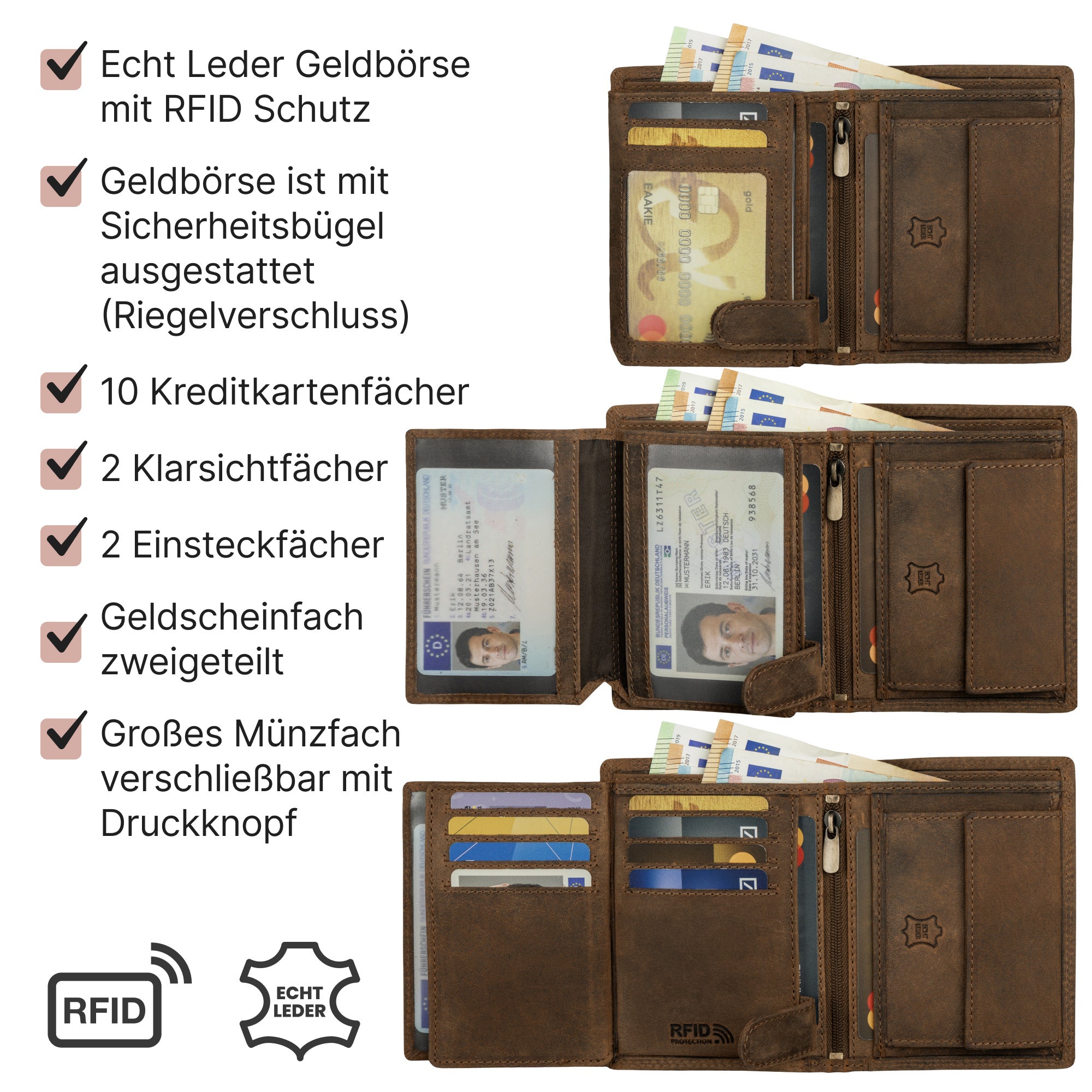 Geldbeutel, Tan für Herren Portemonnaie RFID Hochformat und Alltag – Detailansicht 14