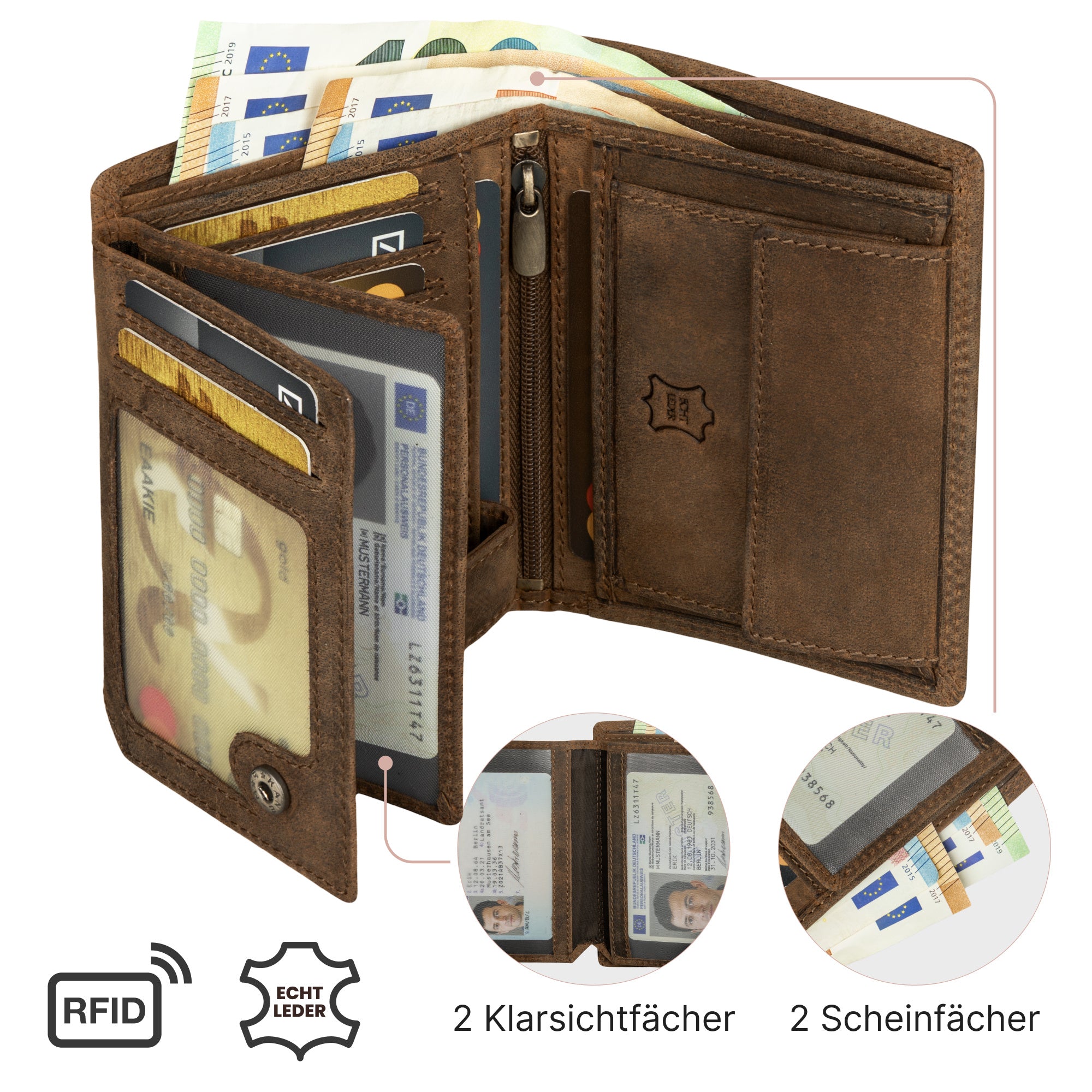 Geldbeutel, Tan für Herren Portemonnaie RFID Hochformat und Alltag – Detailansicht 15
