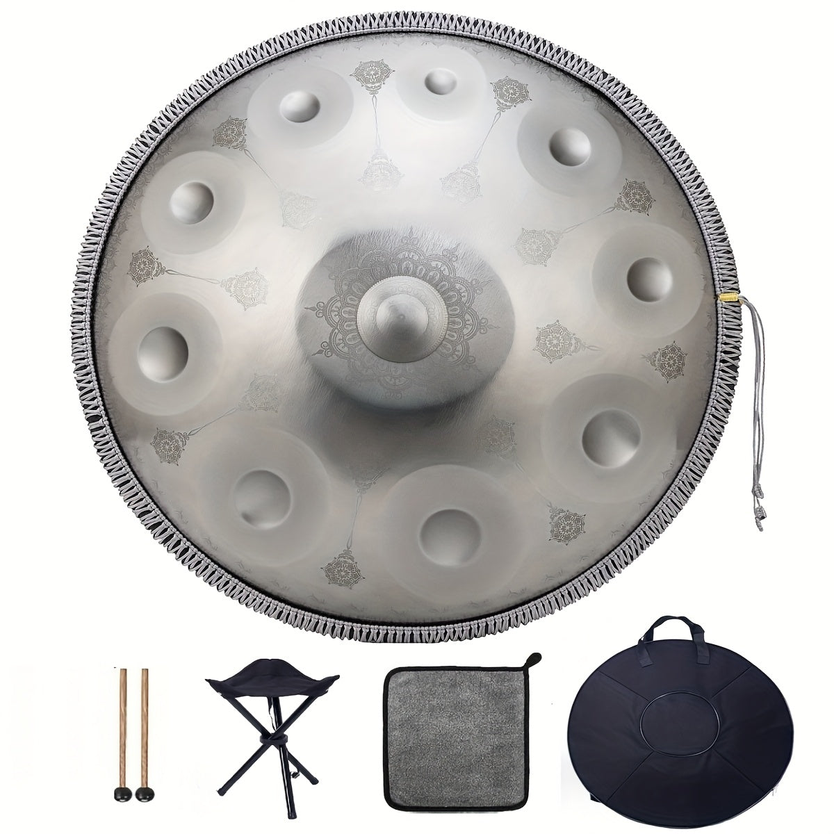 Handpan-Trommel, Silberne Handpan mit Muster für Hobby und Kreativprojekte – Detailansicht 3