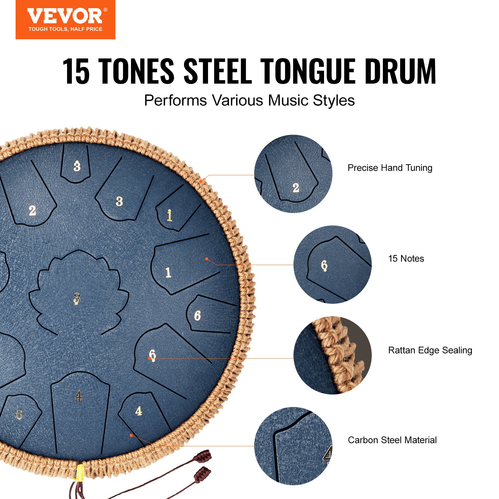 Handpan-Trommel, VEVOR Stahlzungen-Trommel 14 in 15 Noten für Hobby und Kreativprojekte – Detailansicht 2