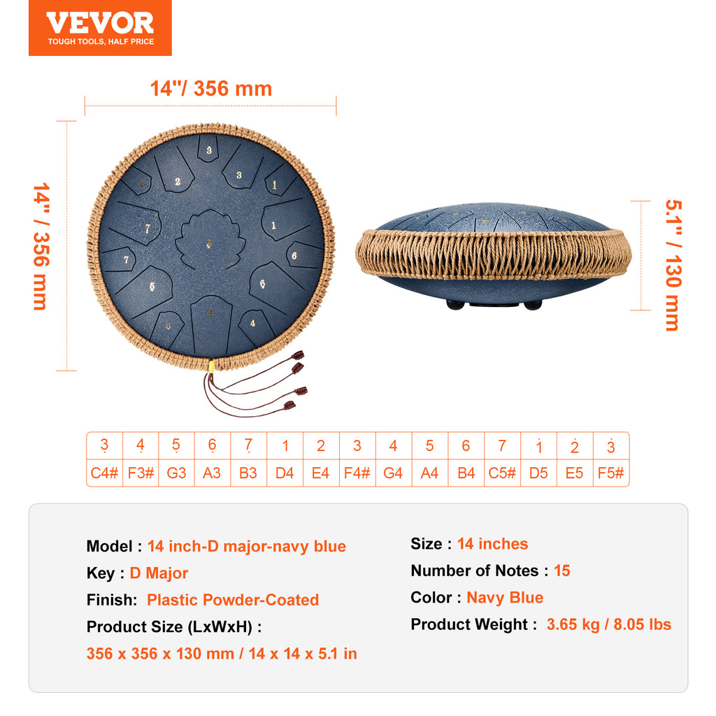 Handpan-Trommel, VEVOR Stahlzungen-Trommel 14 in 15 Noten für Hobby und Kreativprojekte – Detailansicht 8
