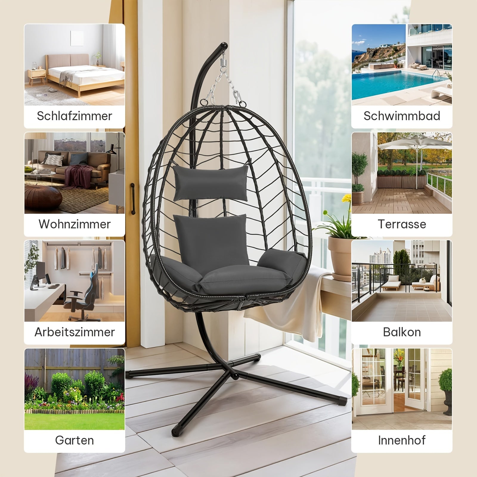 Hängesessel, Rattan für Garten und Balkon – Detailansicht 6