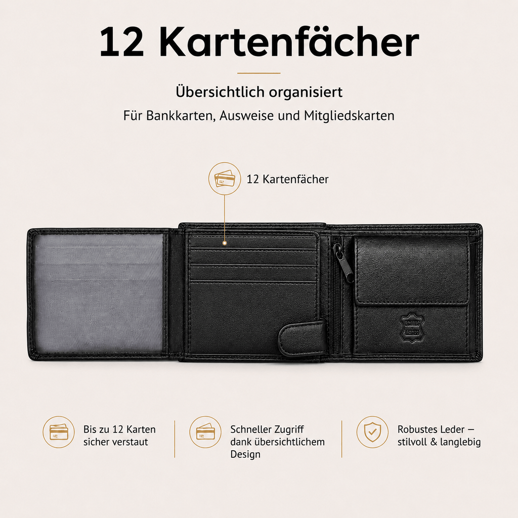Herren Geldbörse aus echtem Nappaleder, Klassisches Schwarz für Camping und Reisen – Detailansicht 4