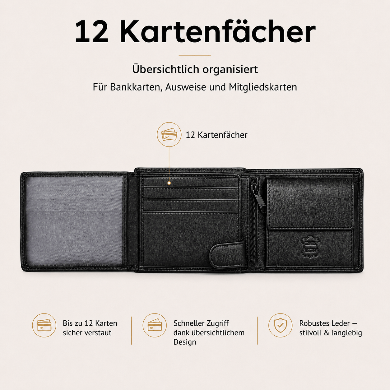 Herren Geldbörse aus echtem Nappaleder, Klassisches Schwarz für Camping und Reisen – Detailansicht 4