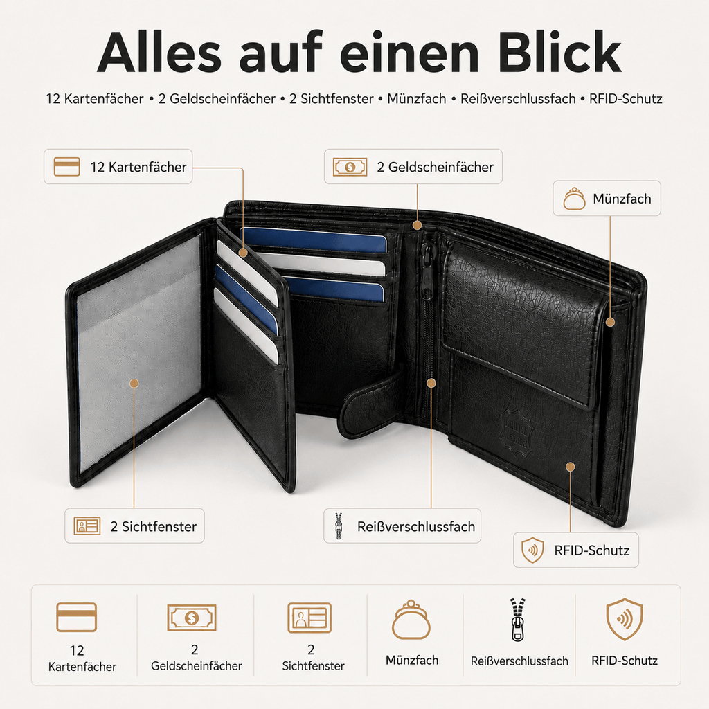 Herren Geldbörse aus echtem Nappaleder, Klassisches Schwarz für Camping und Reisen – Detailansicht 15