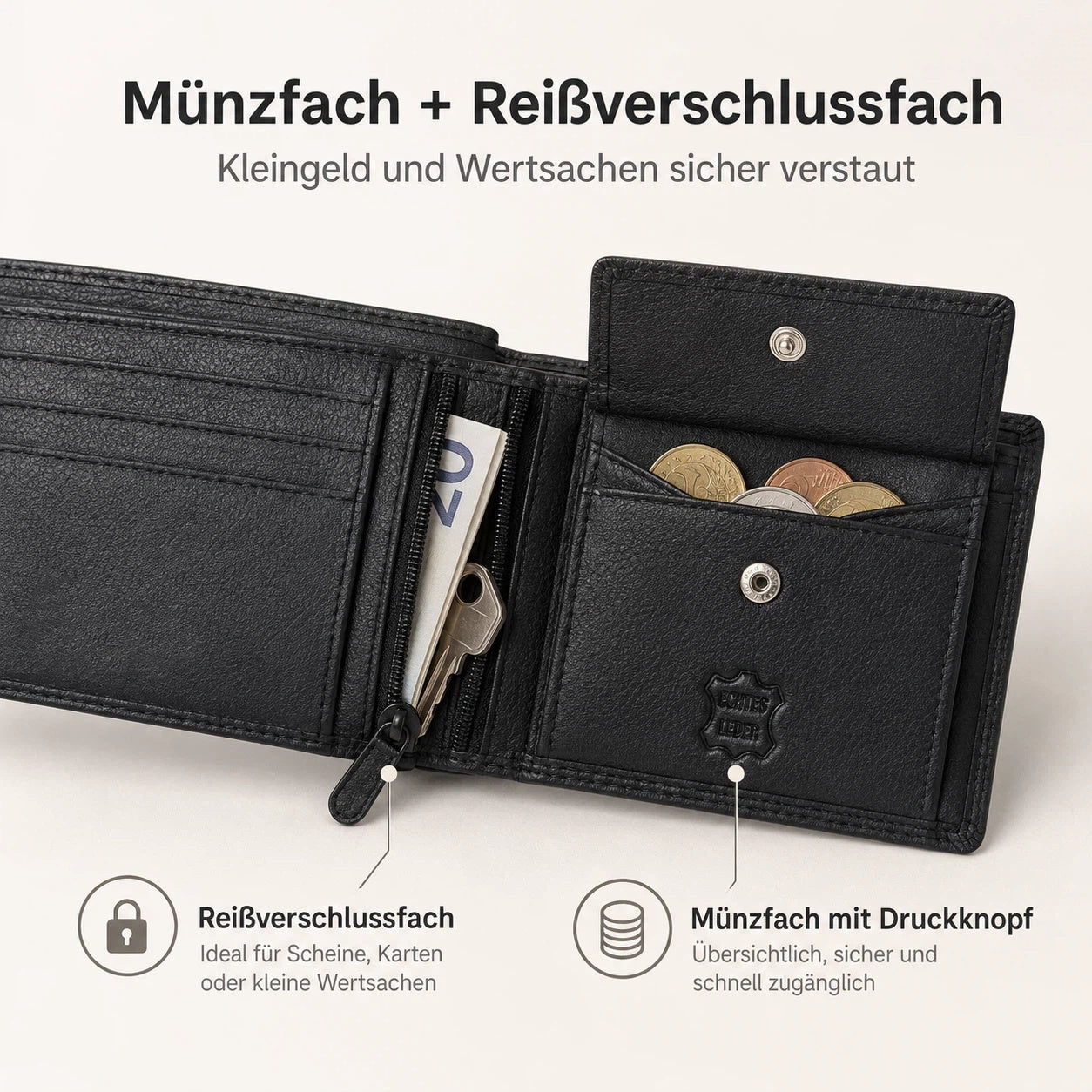 Herren Geldbörse aus echtem Nappaleder, Klassisches Schwarz für Camping und Reisen – Detailansicht 18