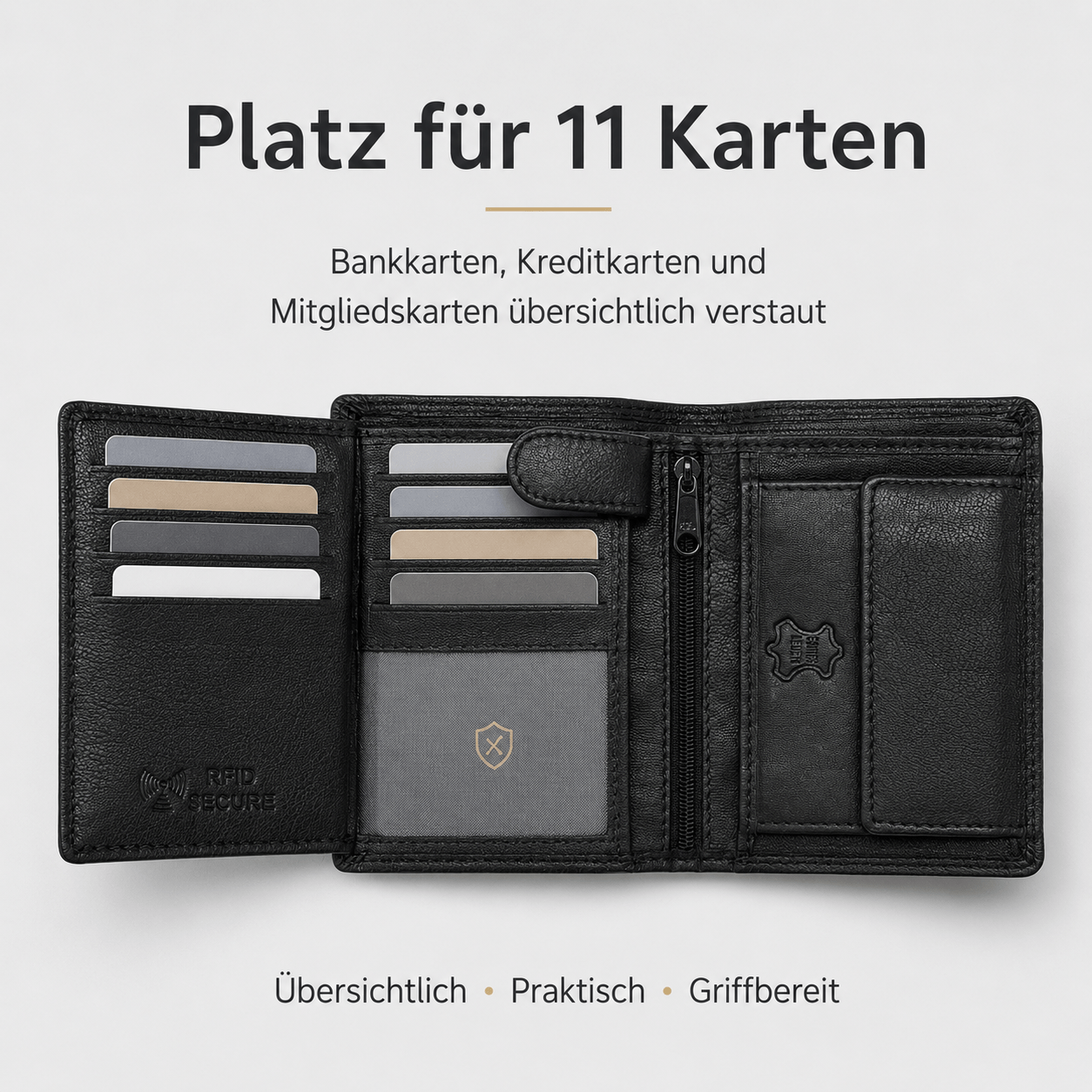 Herren Portemonnaie aus Echtleder, Klassisches Schwarz für Camping und Reisen – Detailansicht 4